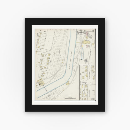 Old map wall art mockup — black gallery frame with white mat — Sanborn Fire Insurance Map from Michigan City, La Porte County, Indiana (1889), Sheet #0015