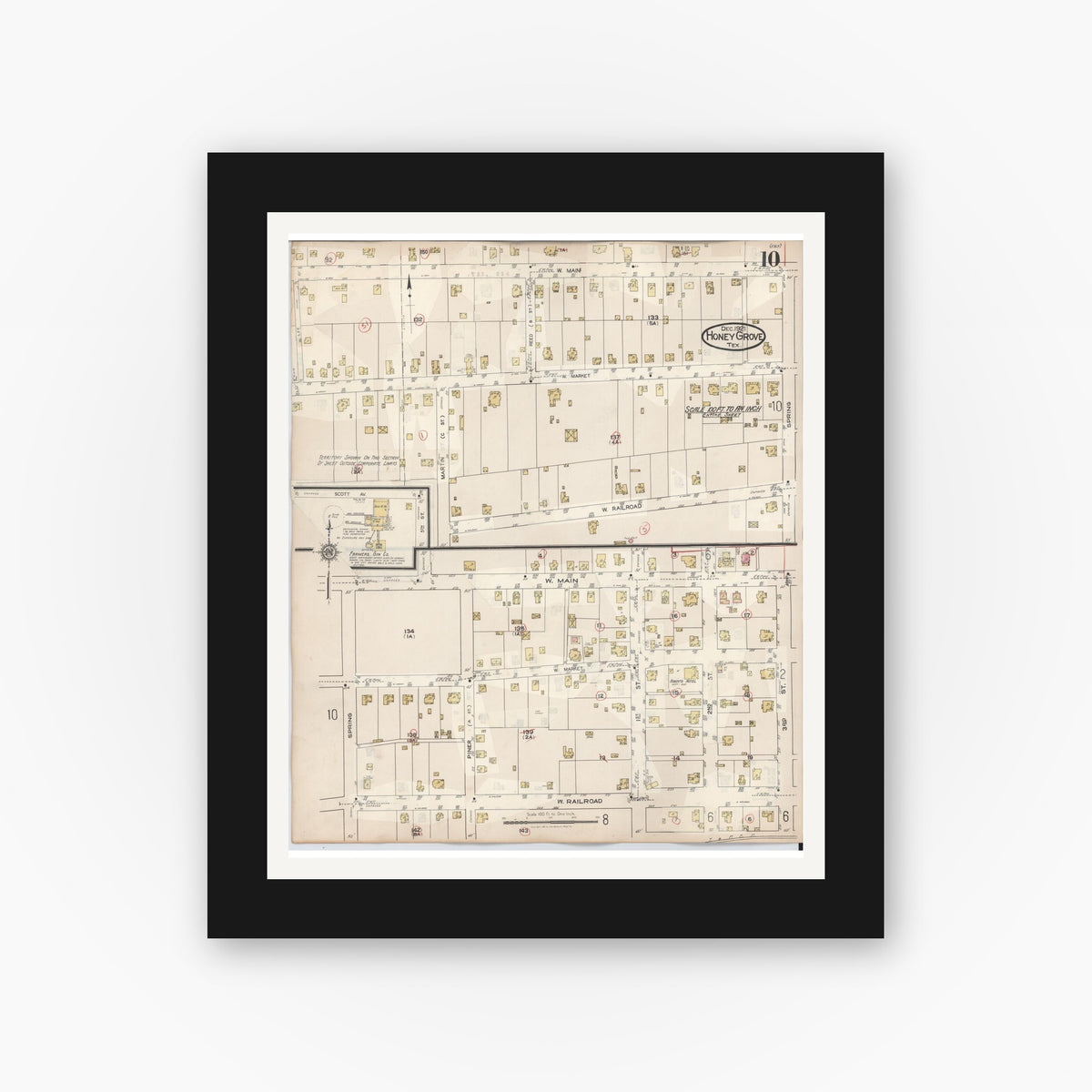 Old map wall art mockup — black gallery frame with white mat — Sanborn Fire Insurance Map from Honey Grove, Fannin County, Texas (1943), Sheet #0010