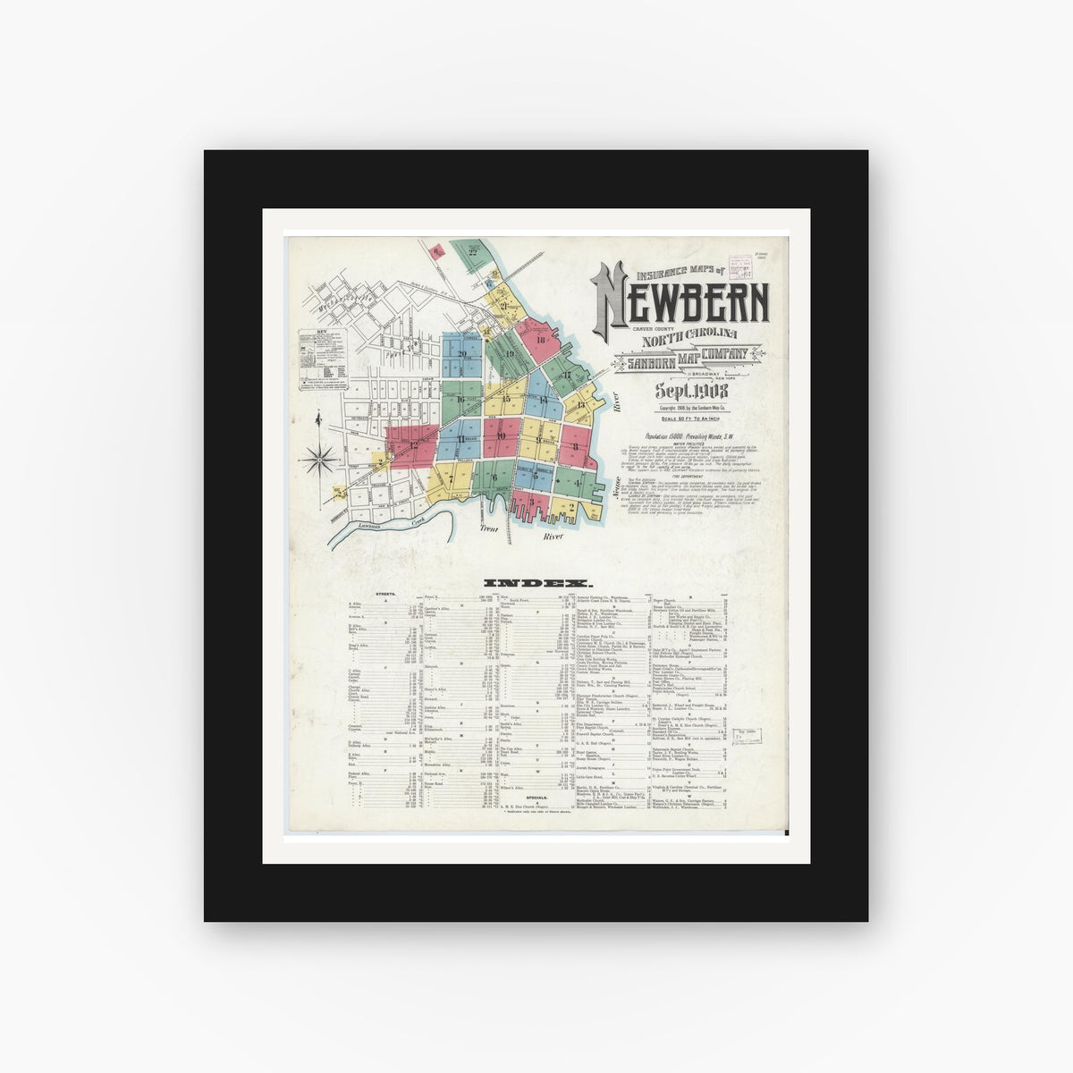 Old map wall art mockup — black gallery frame with white mat — Sanborn Fire Insurance Map from New Bern, Craven County, North Carolina (1908) - Complete Map Set