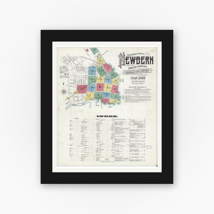 Old map wall art mockup — black gallery frame with white mat — Sanborn Fire Insurance Map from New Bern, Craven County, North Carolina (1908) - Complete Map Set