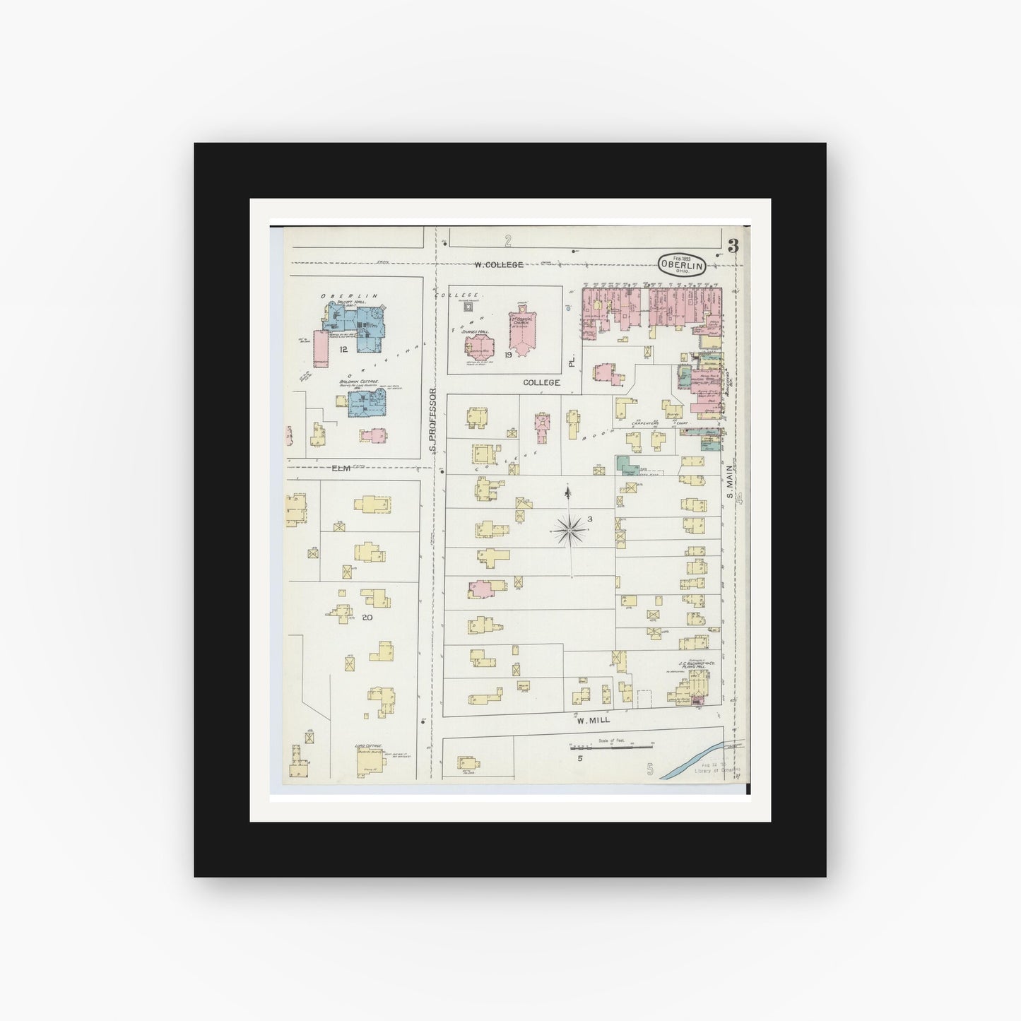 Old map wall art mockup — black gallery frame with white mat — Sanborn Fire Insurance Map from Oberlin, Lorain County, Ohio (1893), Sheet #0003