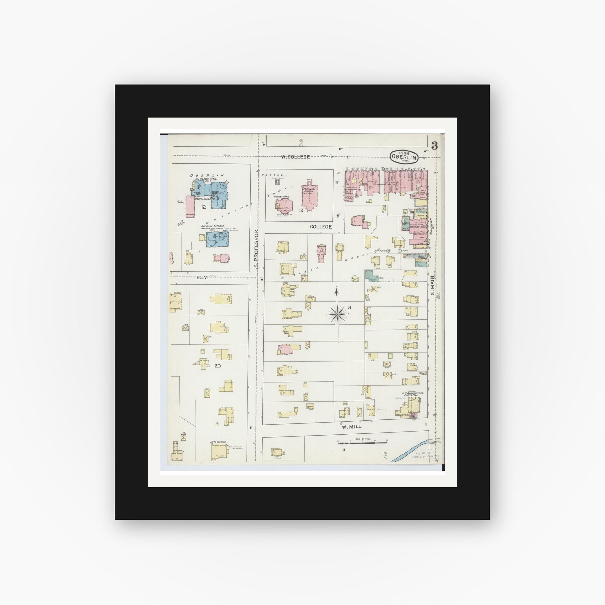 Old map wall art mockup — black gallery frame with white mat — Sanborn Fire Insurance Map from Oberlin, Lorain County, Ohio (1893), Sheet #0003