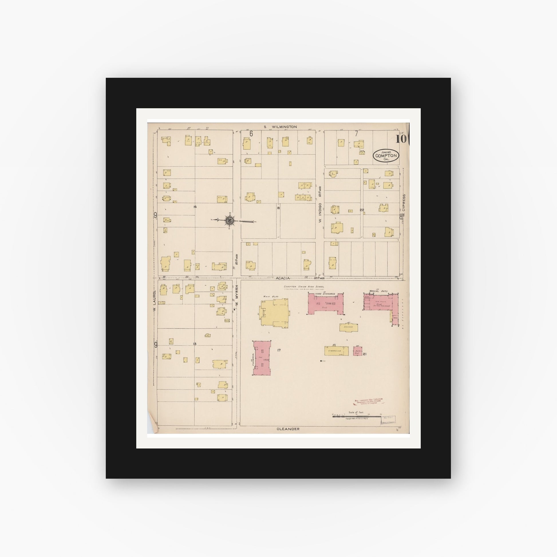 Old map wall art mockup — black gallery frame with white mat — Sanborn Fire Insurance Map from Compton, Los Angeles County, California (1922), Sheet #0010