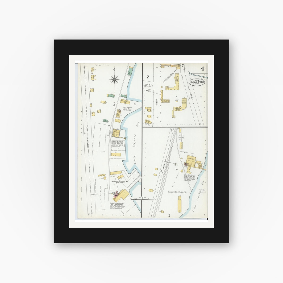 Old map wall art mockup — black gallery frame with white mat — Sanborn Fire Insurance Map from Harbor Springs, Emmet County, Michigan (1900), Sheet #0004