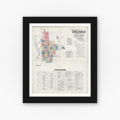 Old map wall art mockup — black gallery frame with white mat — Sanborn Fire Insurance Map from Circleville, Pickaway County, Ohio (1927) - Complete Map Set