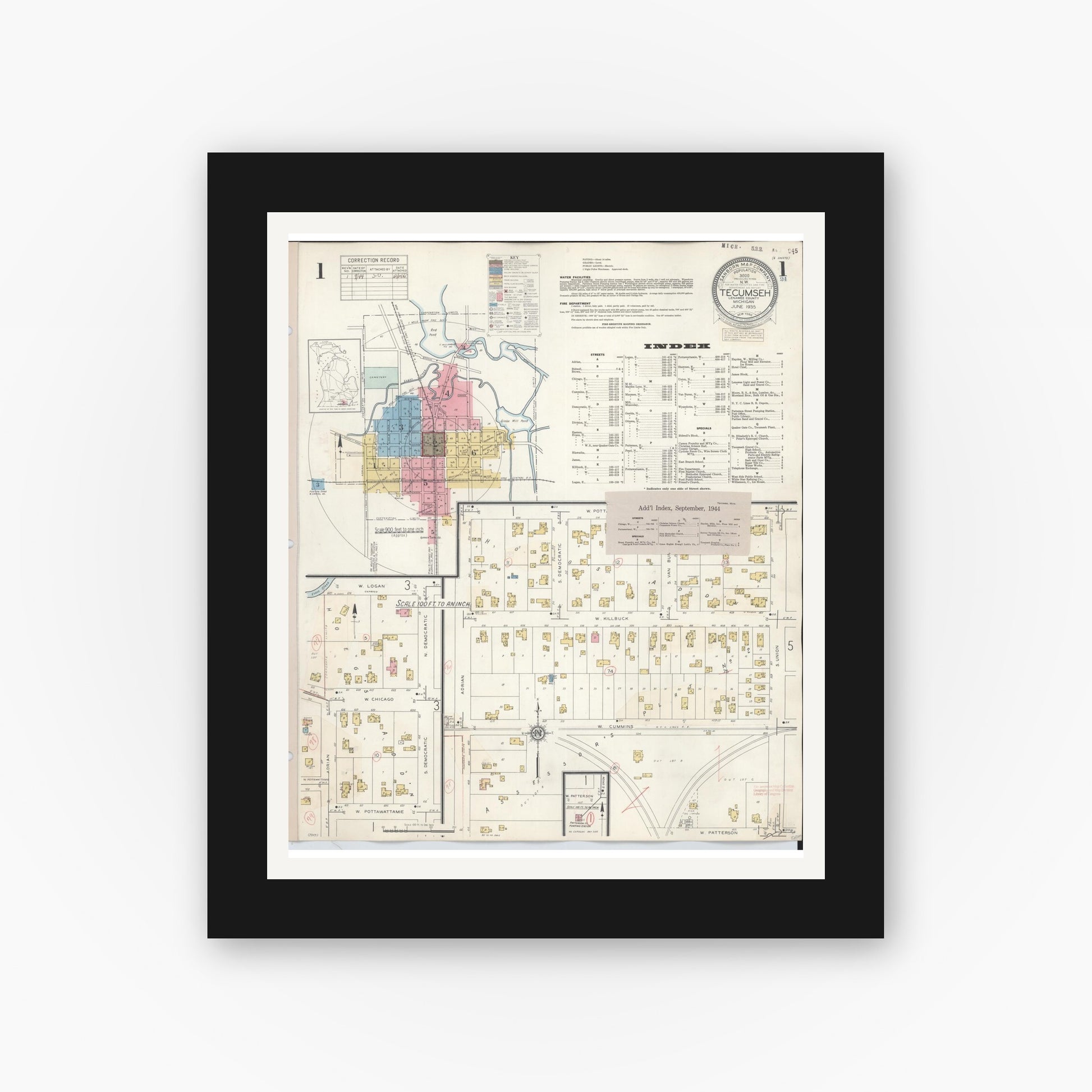 Old map wall art mockup — black gallery frame with white mat — Sanborn Fire Insurance Map from Tecumseh, Lenawee County, Michigan (1944), Sheet #0001