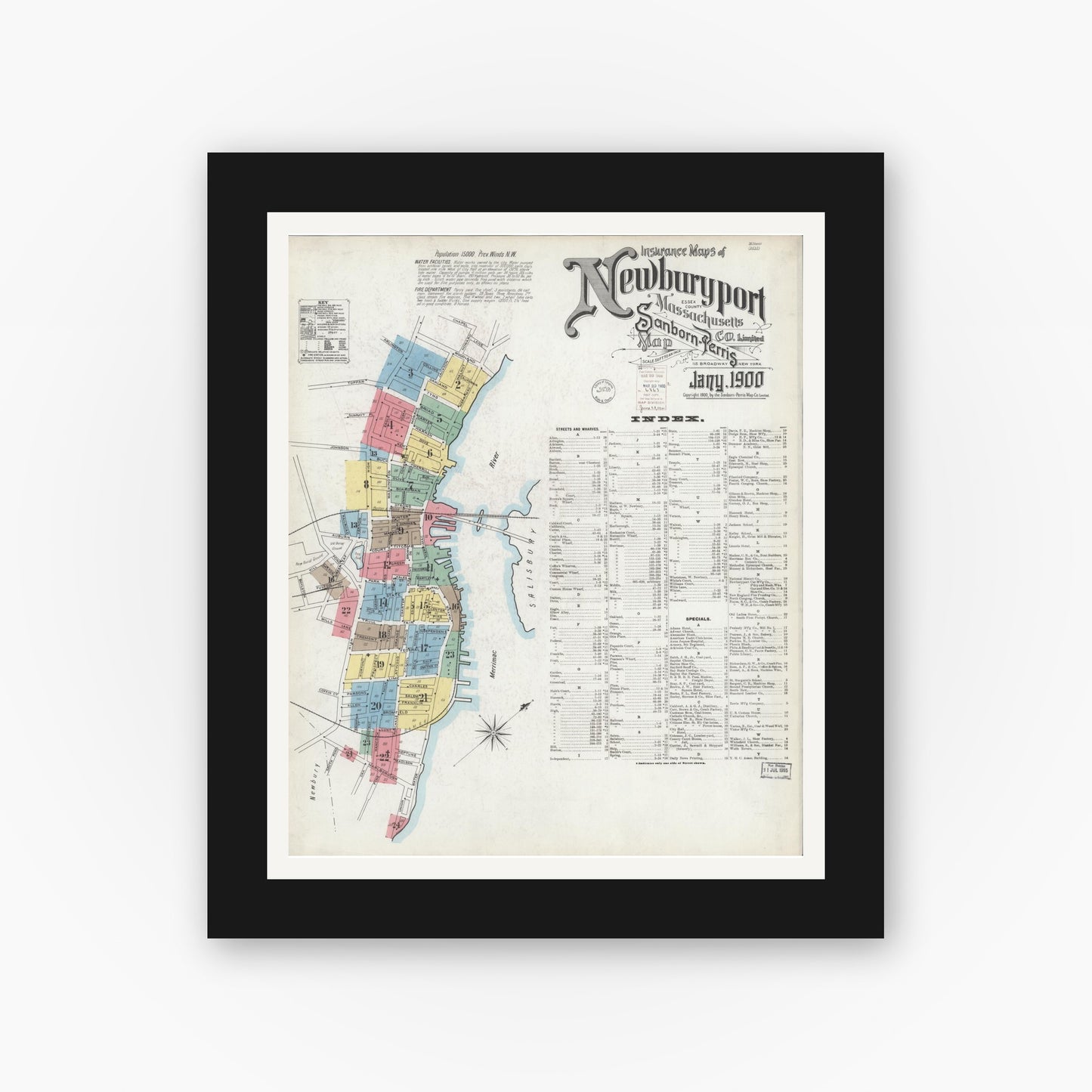 Old map wall art mockup — black gallery frame with white mat — Sanborn Fire Insurance Map from Newburyport, Essex County, Massachusetts (1900), Sheet #0001