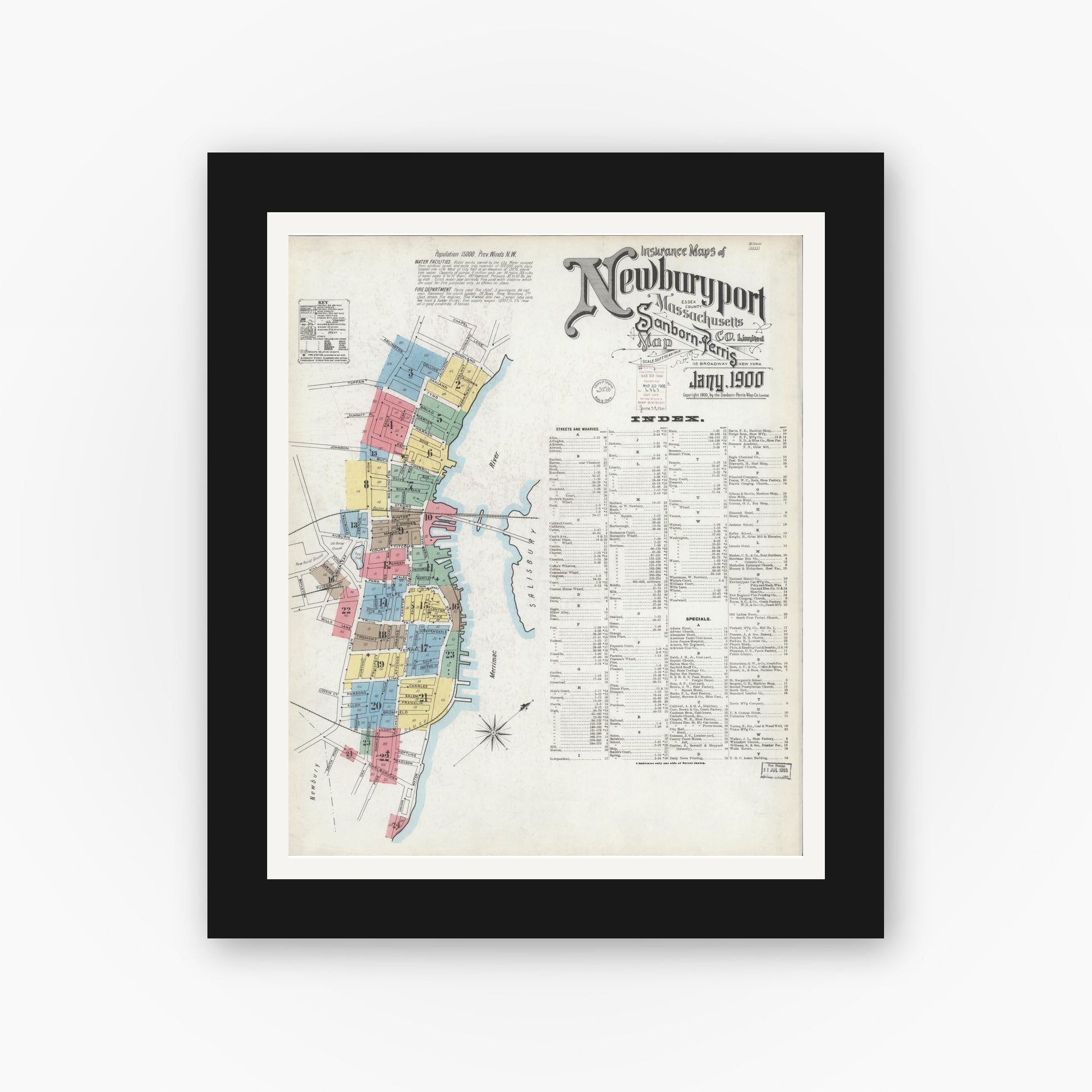 Old map wall art mockup — black gallery frame with white mat — Sanborn Fire Insurance Map from Newburyport, Essex County, Massachusetts (1900), Sheet #0001