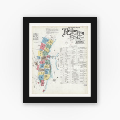 Old map wall art mockup — black gallery frame with white mat — Sanborn Fire Insurance Map from Newburyport, Essex County, Massachusetts (1900), Sheet #0001