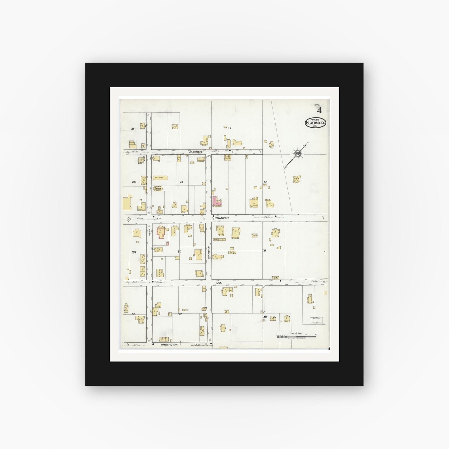 Old map wall art mockup — black gallery frame with white mat — Sanborn Fire Insurance Map from Blacksburg, Montgomery County, Virginia (1921), Sheet #0004