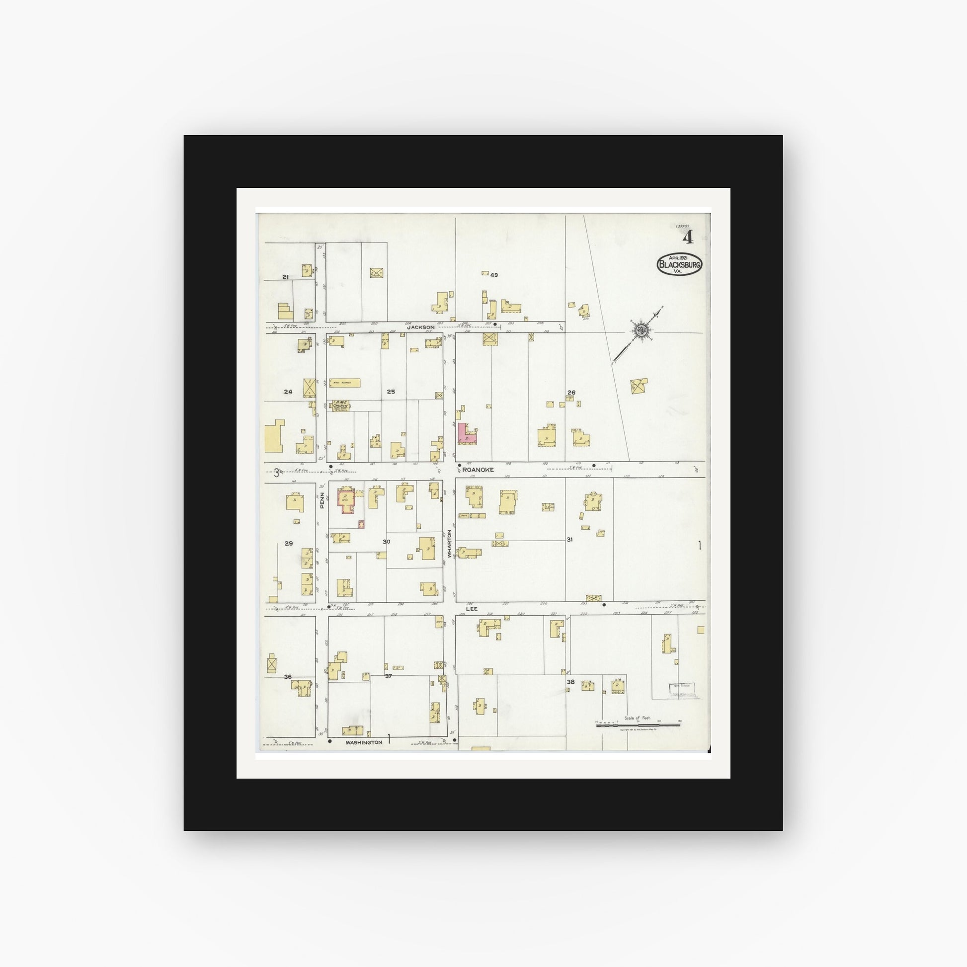 Old map wall art mockup — black gallery frame with white mat — Sanborn Fire Insurance Map from Blacksburg, Montgomery County, Virginia (1921), Sheet #0004