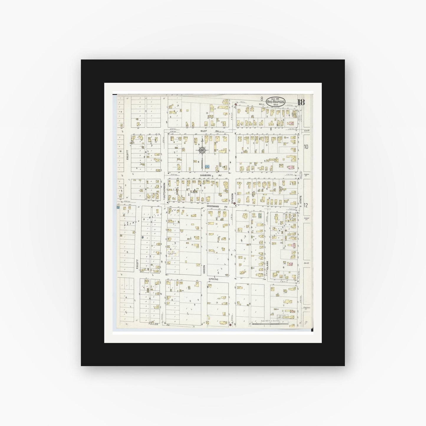 Old map wall art mockup — black gallery frame with white mat — Sanborn Fire Insurance Map from Big Rapids, Mecosta County, Michigan (1914), Sheet #0018