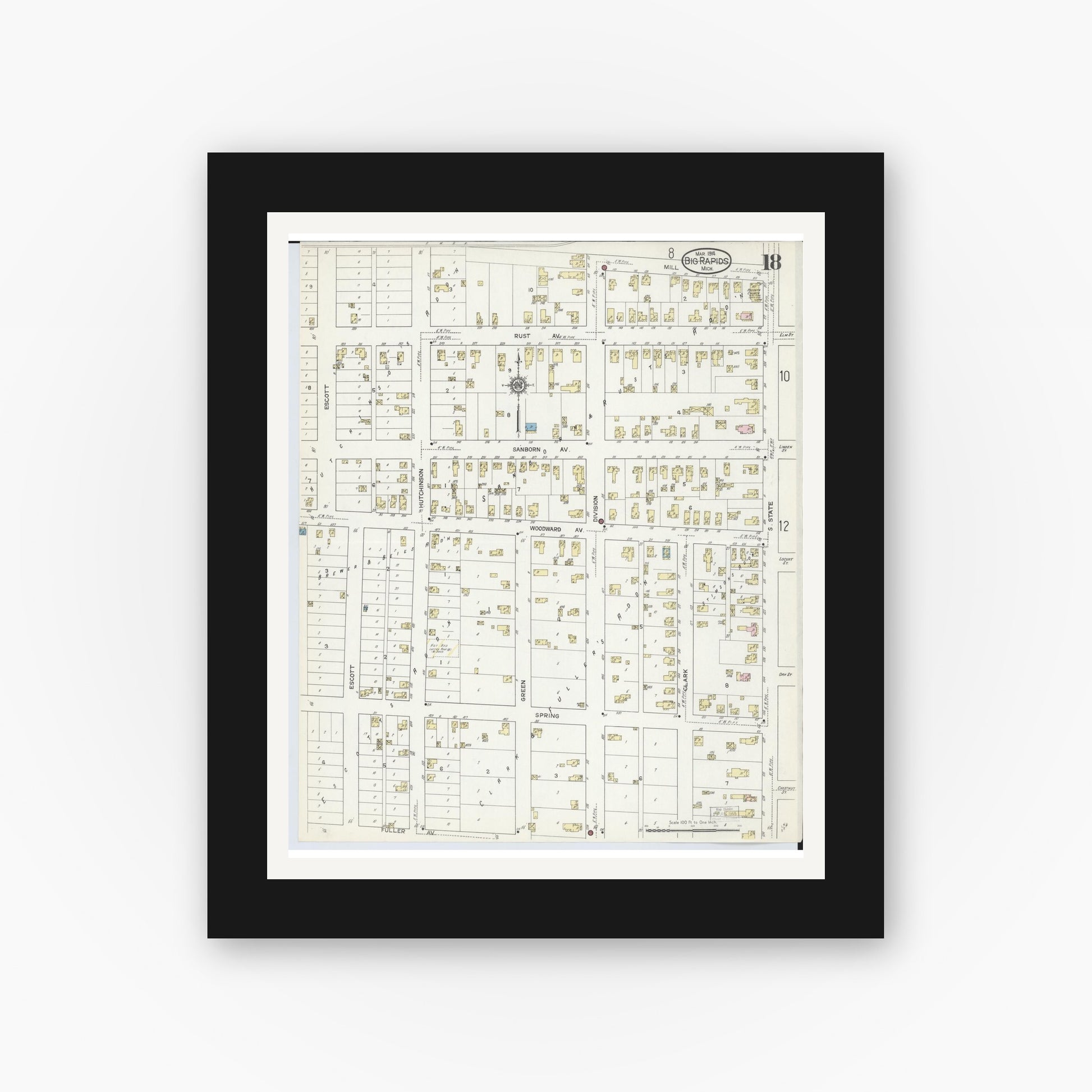 Old map wall art mockup — black gallery frame with white mat — Sanborn Fire Insurance Map from Big Rapids, Mecosta County, Michigan (1914), Sheet #0018