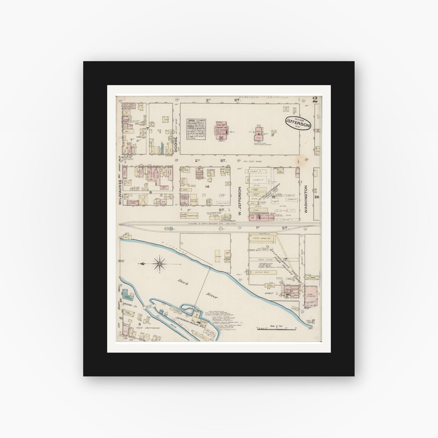 Old map wall art mockup — black gallery frame with white mat — Sanborn Fire Insurance Map from Jefferson, Jefferson County, Wisconsin (1884), Sheet #0002