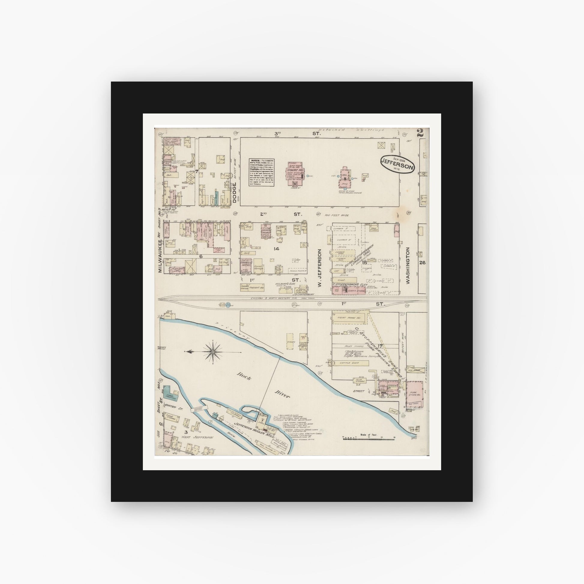 Old map wall art mockup — black gallery frame with white mat — Sanborn Fire Insurance Map from Jefferson, Jefferson County, Wisconsin (1884), Sheet #0002