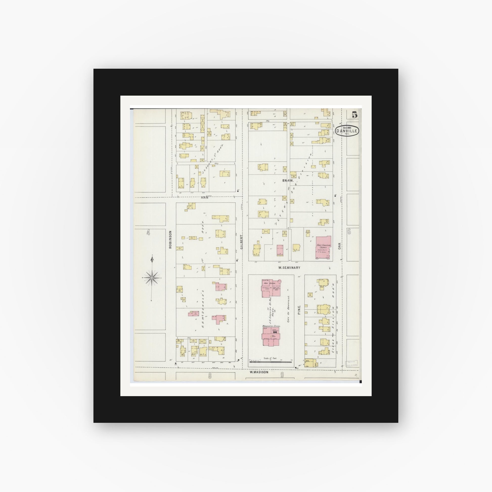 Old map wall art mockup — black gallery frame with white mat — Sanborn Fire Insurance Map from Danville, Vermilion County, Illinois (1895), Sheet #0005