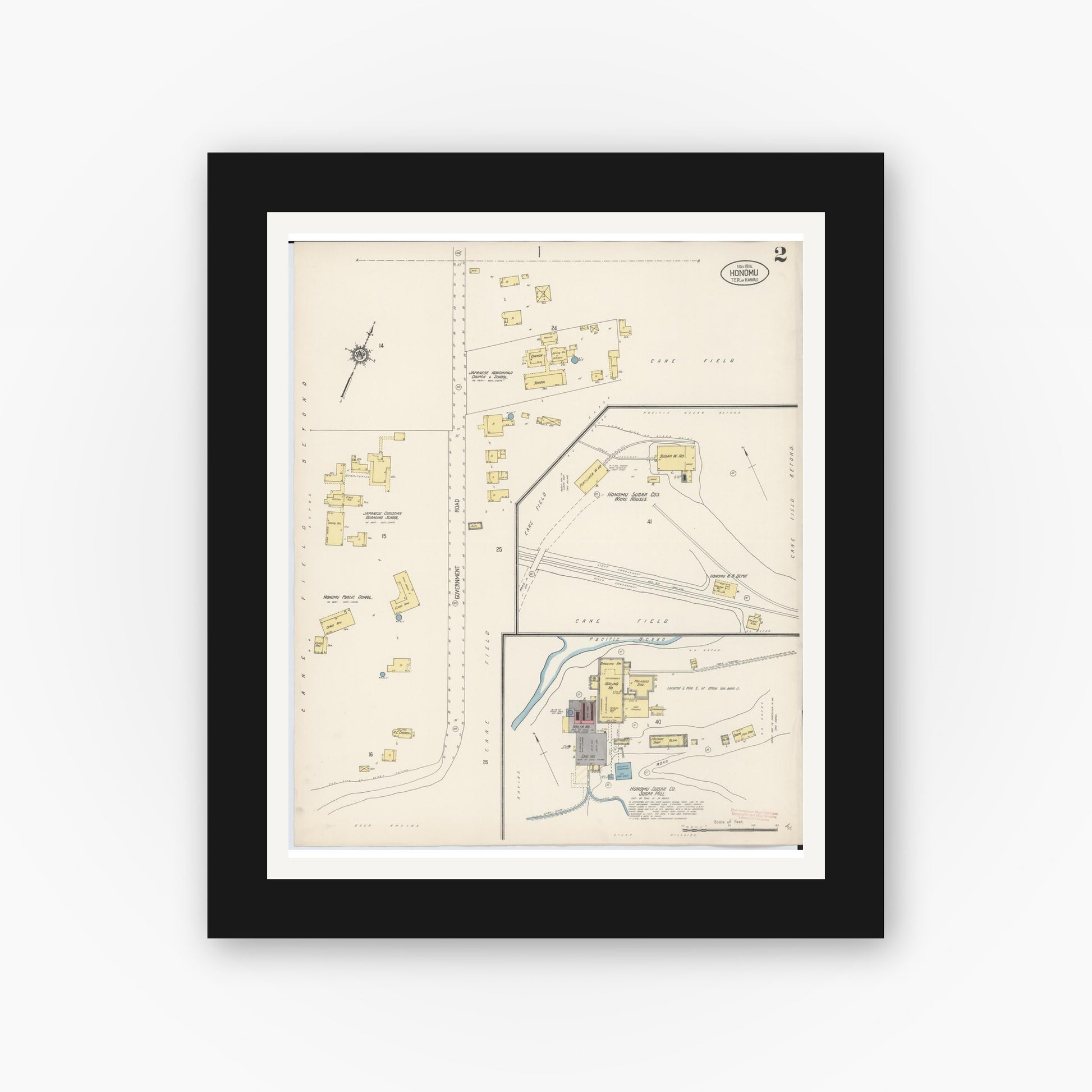 Old map wall art mockup — black gallery frame with white mat — Sanborn Fire Insurance Map from Honomu, Hawaii County, Hawaii (1914), Sheet #0002