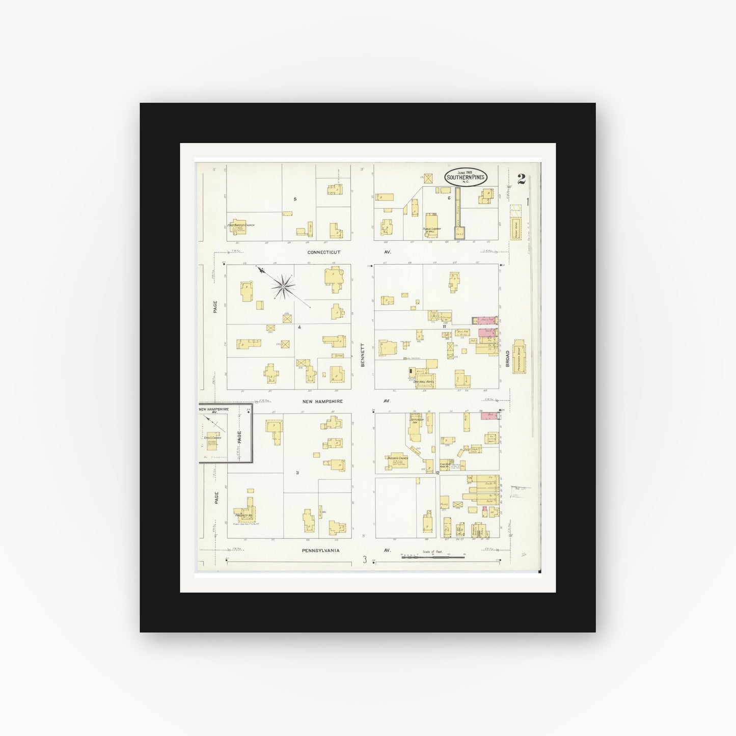 Old map wall art mockup — black gallery frame with white mat — Sanborn Fire Insurance Map from Southern Pines, Moore County, North Carolina (1909), Sheet #0002