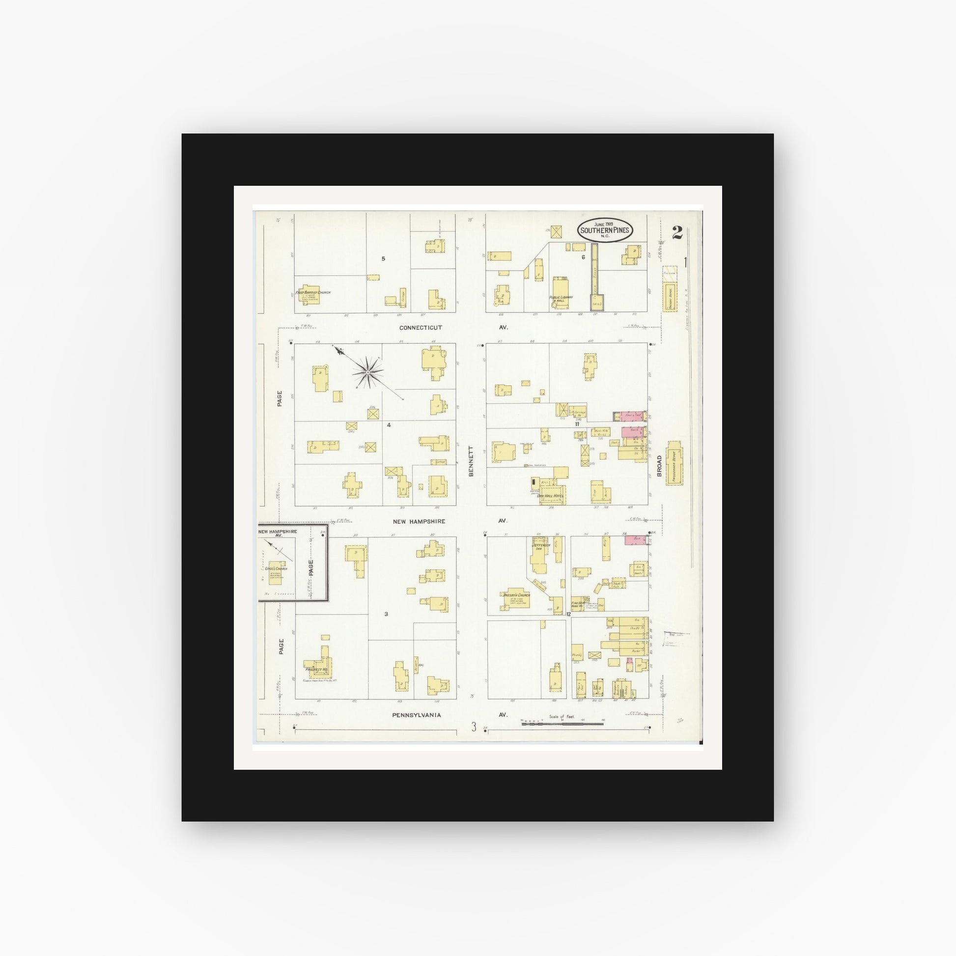 Old map wall art mockup — black gallery frame with white mat — Sanborn Fire Insurance Map from Southern Pines, Moore County, North Carolina (1909), Sheet #0002