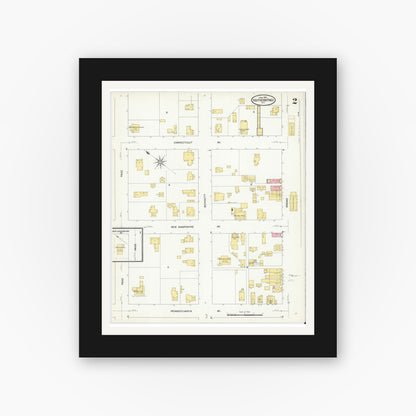 Old map wall art mockup — black gallery frame with white mat — Sanborn Fire Insurance Map from Southern Pines, Moore County, North Carolina (1909), Sheet #0002
