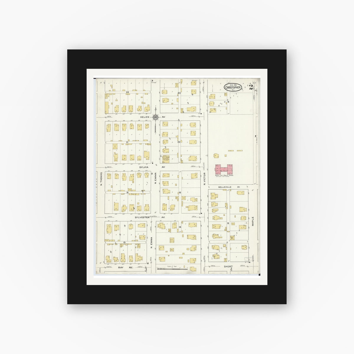 Old map wall art mockup — black gallery frame with white mat — Sanborn Fire Insurance Map from Christopher, Franklin County, Illinois (1916), Sheet #0002