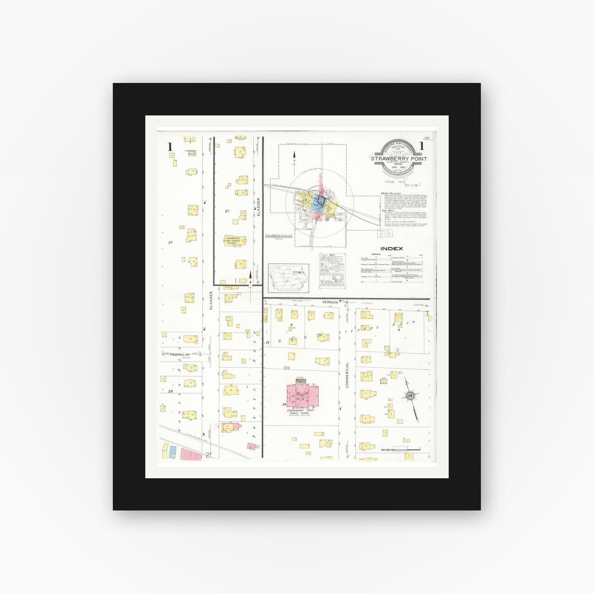 Old map wall art mockup — black gallery frame with white mat — Sanborn Fire Insurance Map from Strawberry Point, Clayton County, Iowa (1931), Sheet #0001