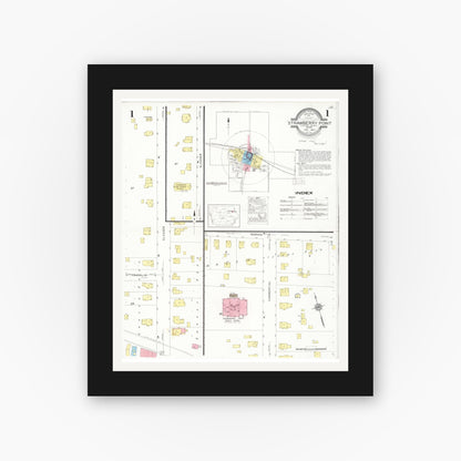 Old map wall art mockup — black gallery frame with white mat — Sanborn Fire Insurance Map from Strawberry Point, Clayton County, Iowa (1931), Sheet #0001