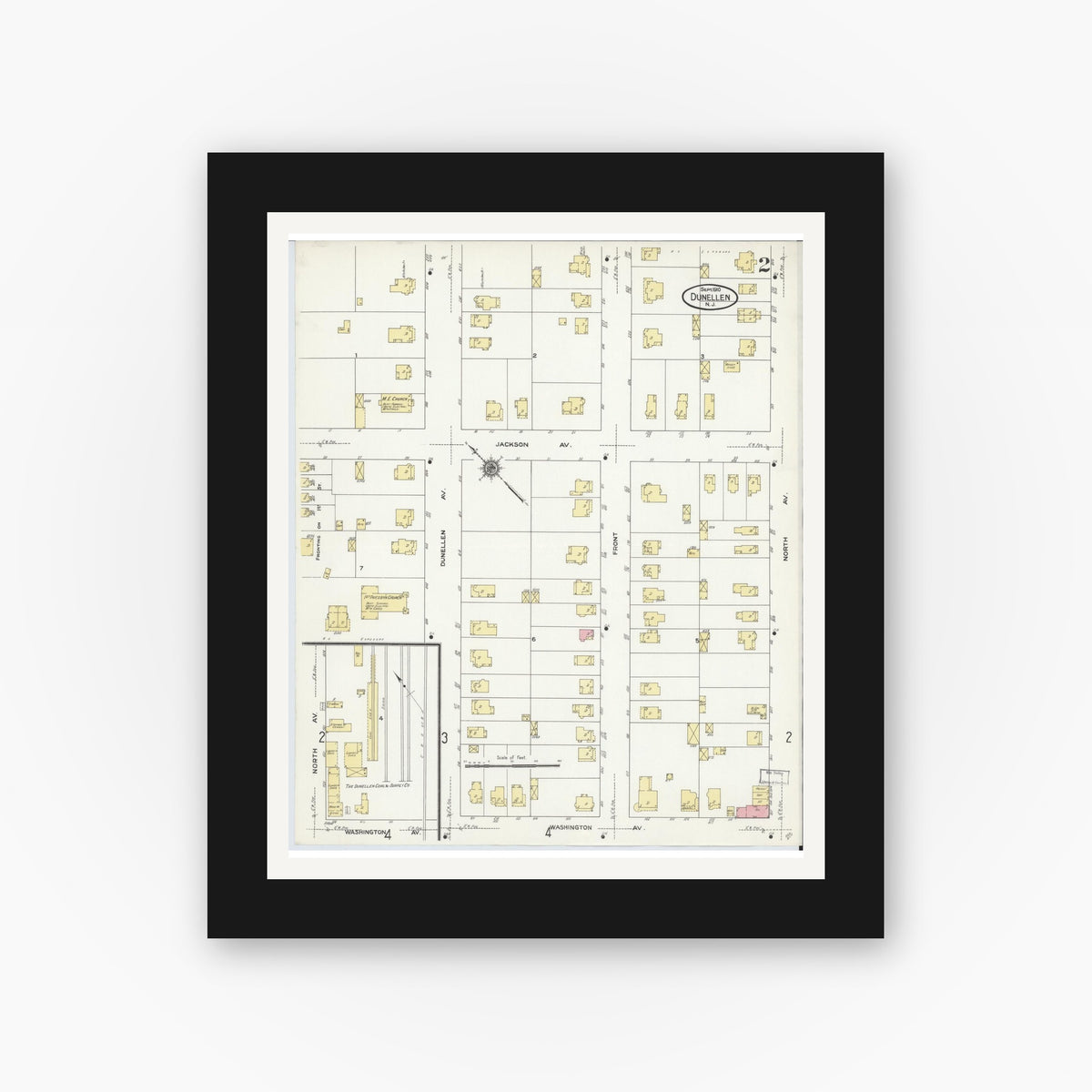 Old map wall art mockup — black gallery frame with white mat — Sanborn Fire Insurance Map from Dunellen, Middlesex County, New Jersey (1910), Sheet #0002
