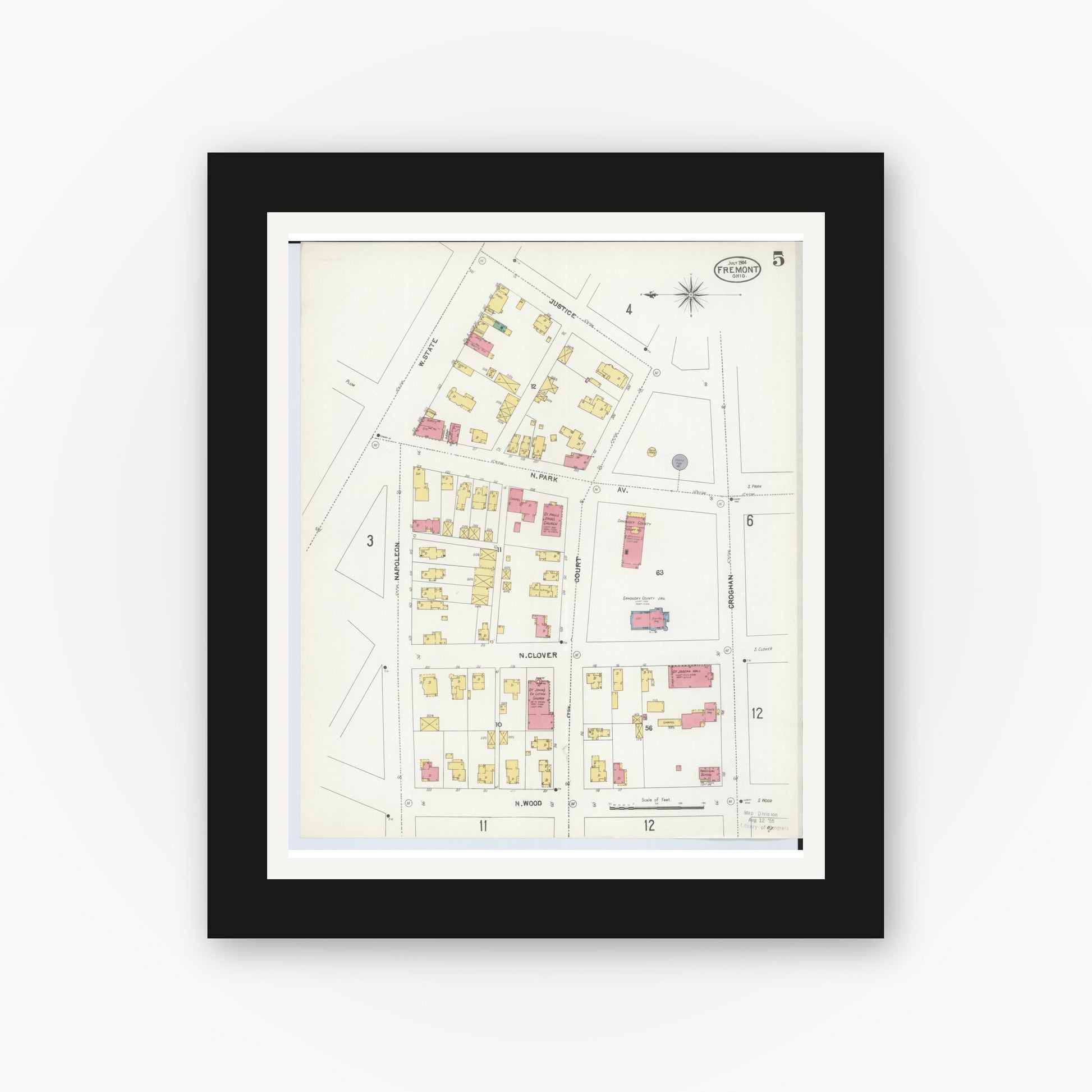 Old map wall art mockup — black gallery frame with white mat — Sanborn Fire Insurance Map from Fremont, Sandusky County, Ohio (1904), Sheet #0005