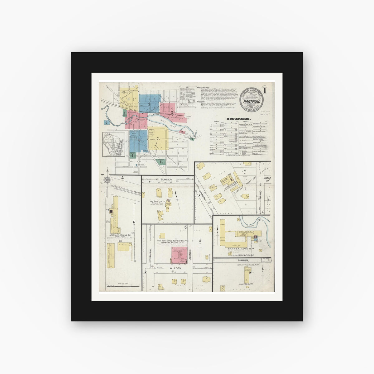 Old map wall art mockup — black gallery frame with white mat — Sanborn Fire Insurance Map from Hartford, Washington County, Wisconsin (1913) - Complete Map Set