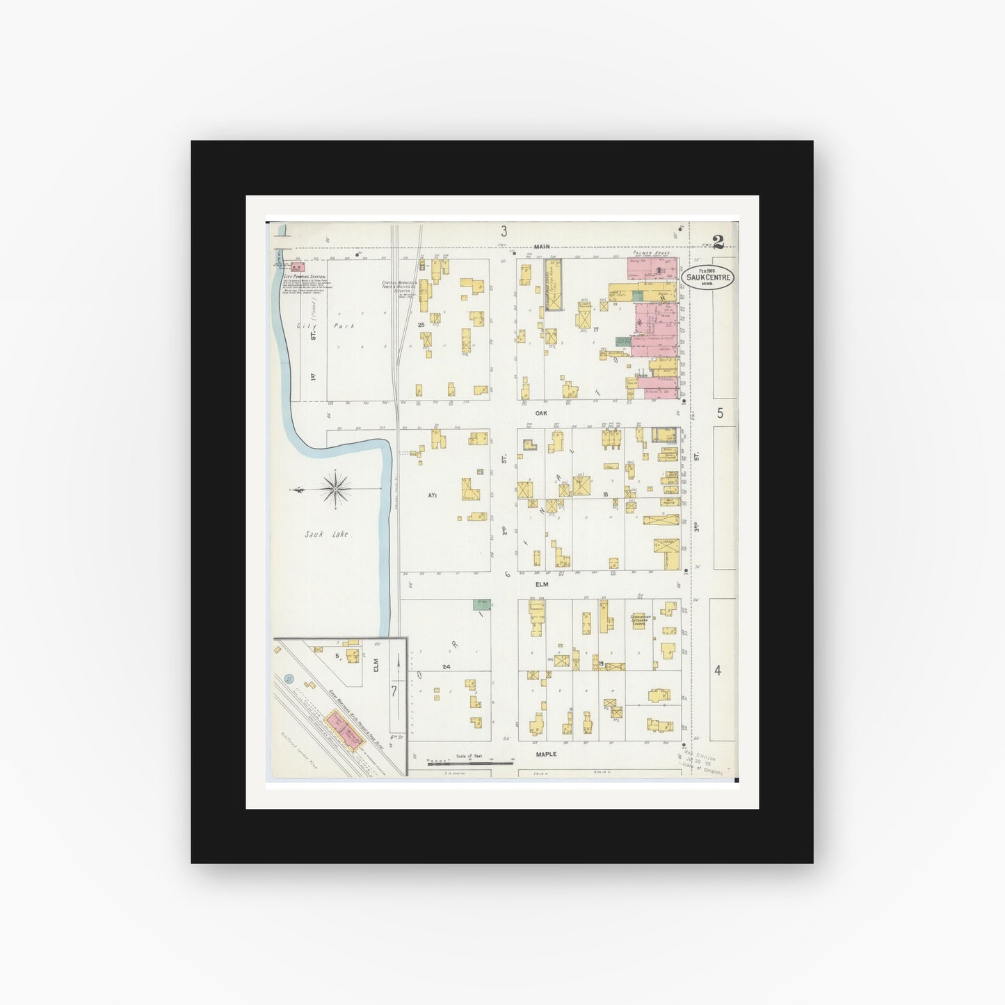 Old map wall art mockup — black gallery frame with white mat — Sanborn Fire Insurance Map from Sauk Centre, Stearns County, Minnesota (1903), Sheet #0002