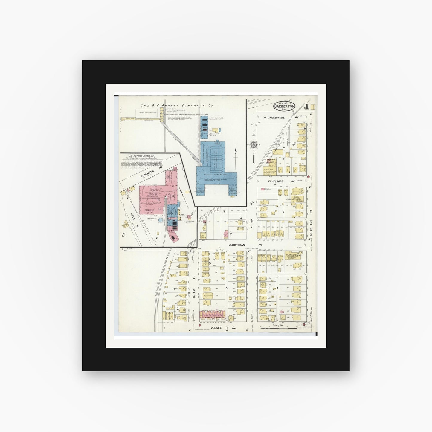 Old map wall art mockup — black gallery frame with white mat — Sanborn Fire Insurance Map from Barberton, Summit County, Ohio (1916), Sheet #0004