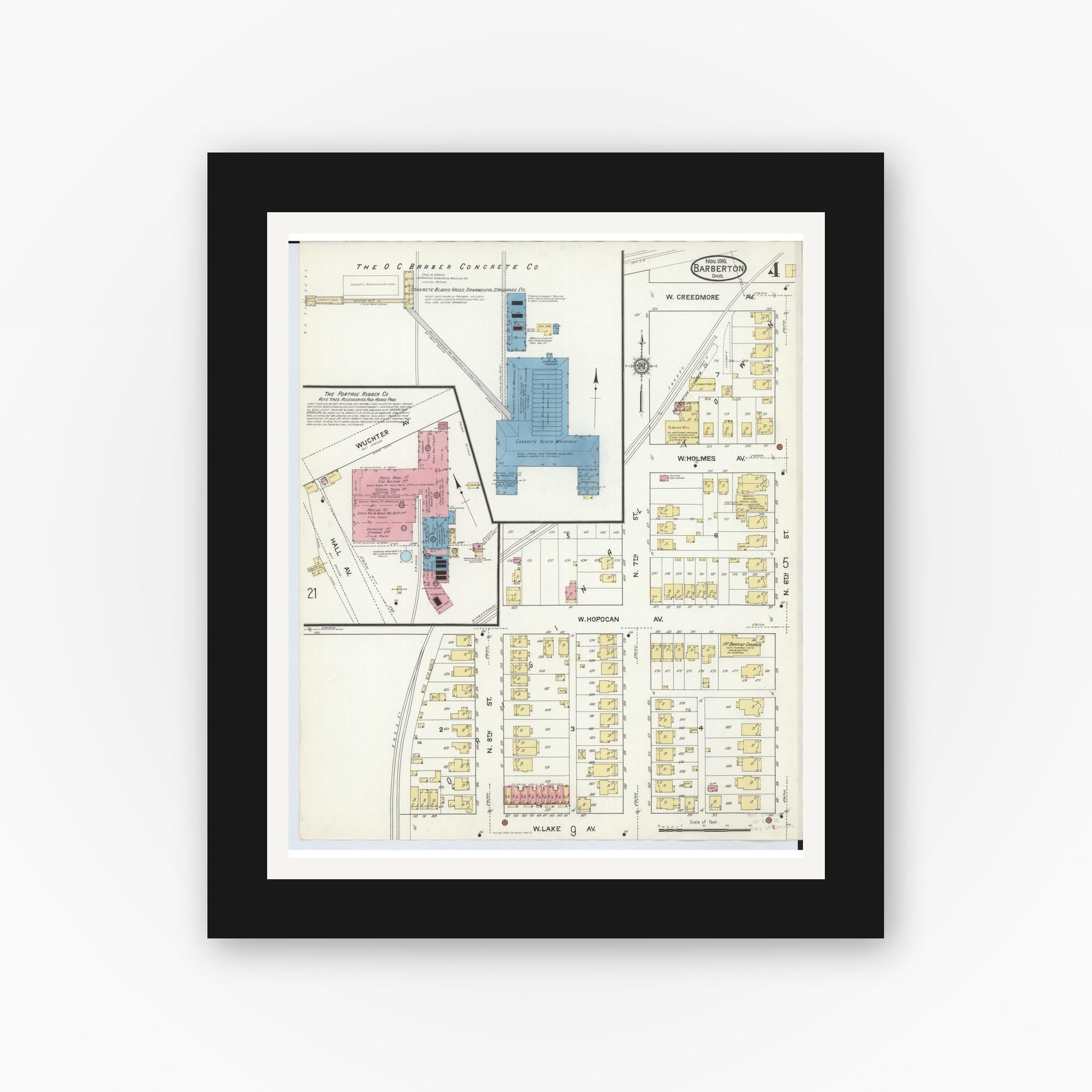 Old map wall art mockup — black gallery frame with white mat — Sanborn Fire Insurance Map from Barberton, Summit County, Ohio (1916), Sheet #0004