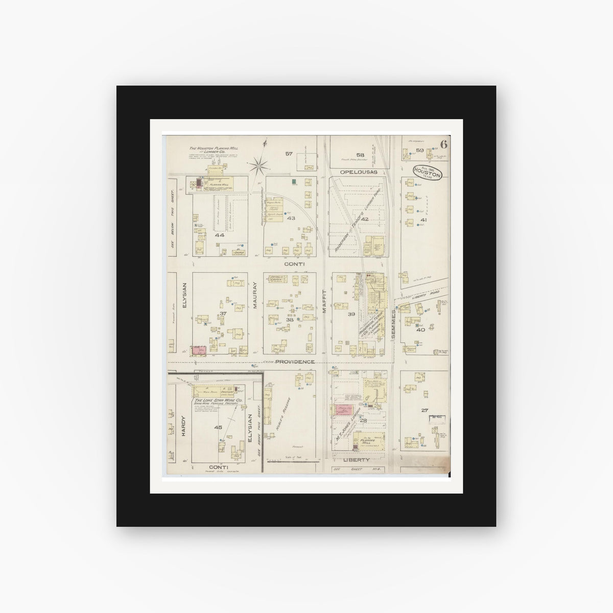 Old map wall art mockup — black gallery frame with white mat — Sanborn Fire Insurance Map from Houston, Harris County, Texas (1885), Sheet #0006