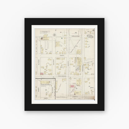 Old map wall art mockup — black gallery frame with white mat — Sanborn Fire Insurance Map from Houston, Harris County, Texas (1885), Sheet #0006