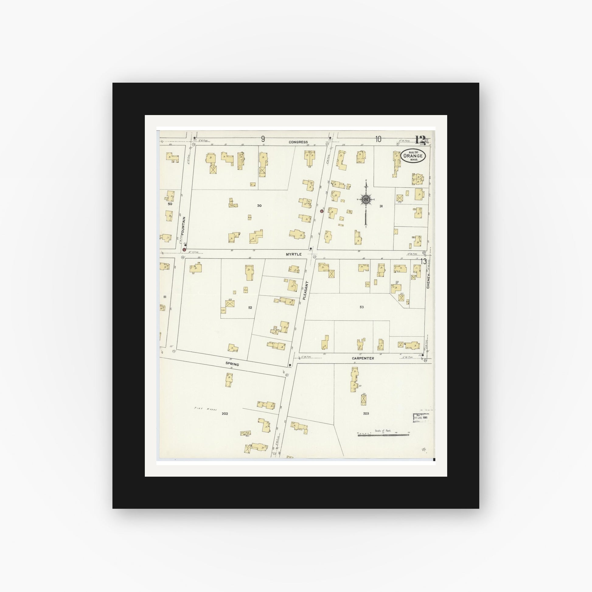 Old map wall art mockup — black gallery frame with white mat — Sanborn Fire Insurance Map from Orange, Franklin County, Massachusetts (1911), Sheet #0012