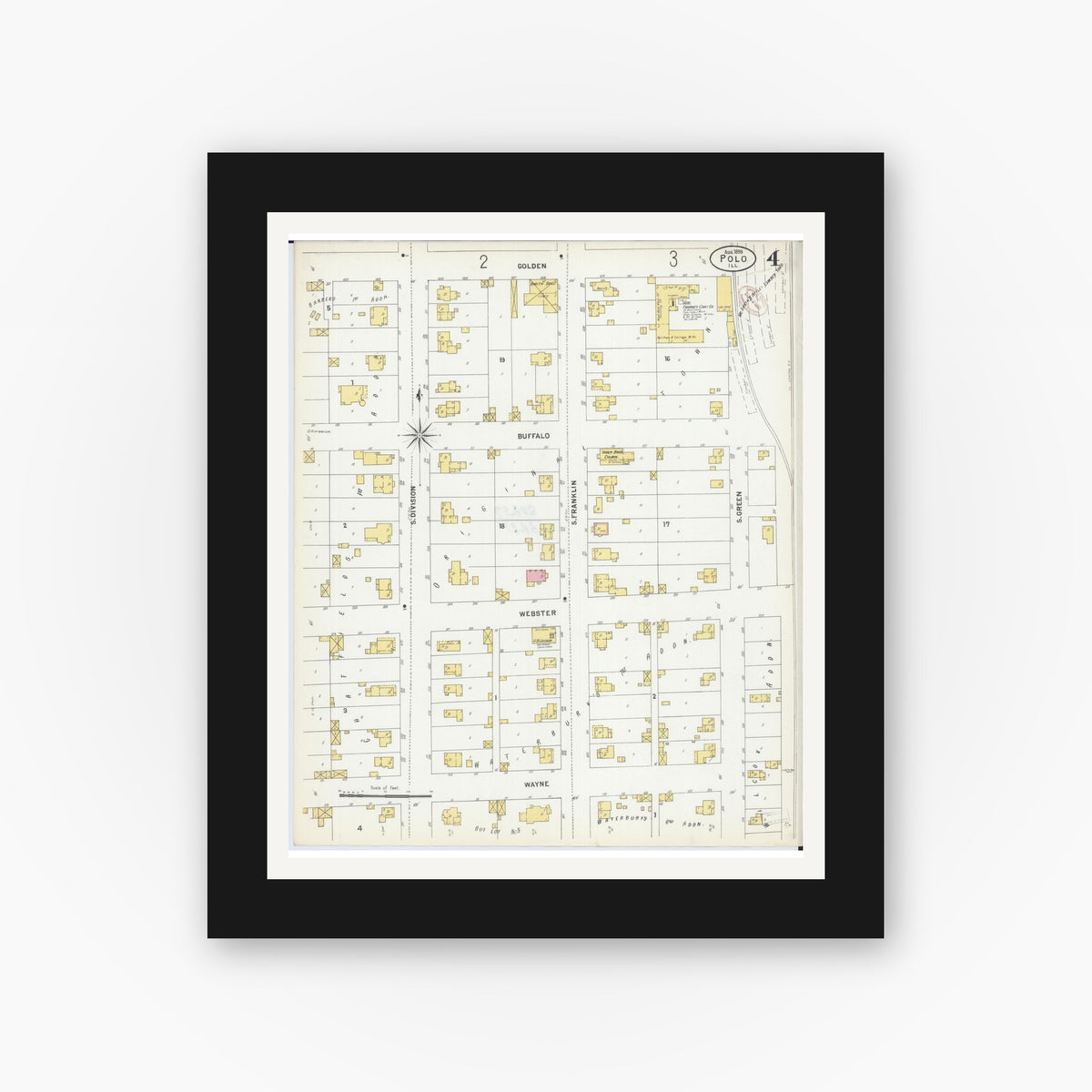 Old map wall art mockup — black gallery frame with white mat — Sanborn Fire Insurance Map from Polo, Ogle County, Illinois (1899), Sheet #0004