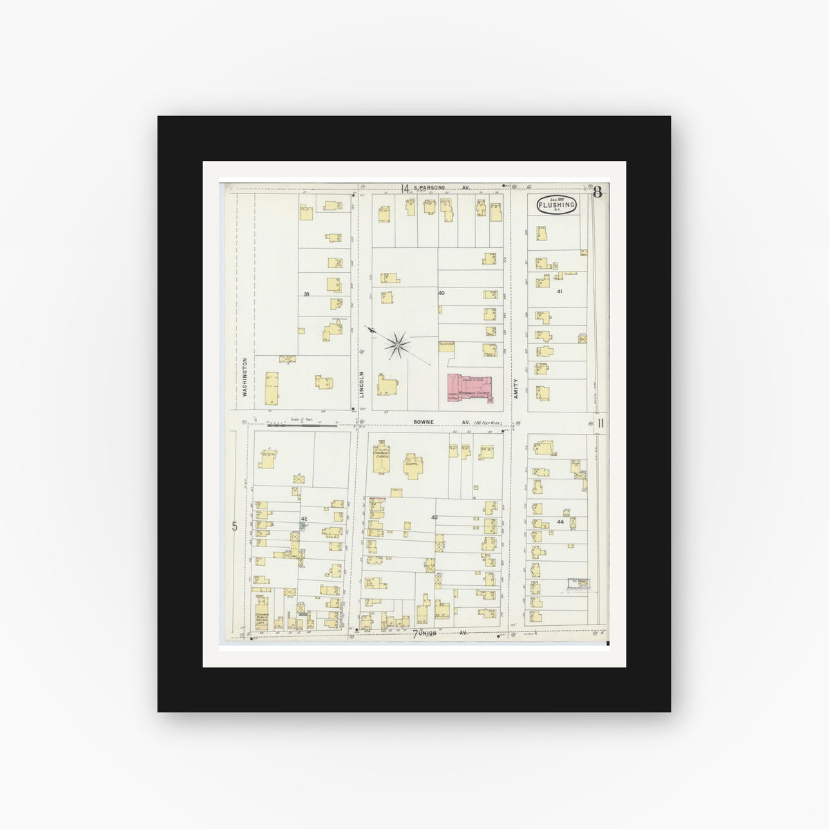 Old map wall art mockup — black gallery frame with white mat — Sanborn Fire Insurance Map from Flushing, Queens County, New York (1897), Sheet #0008