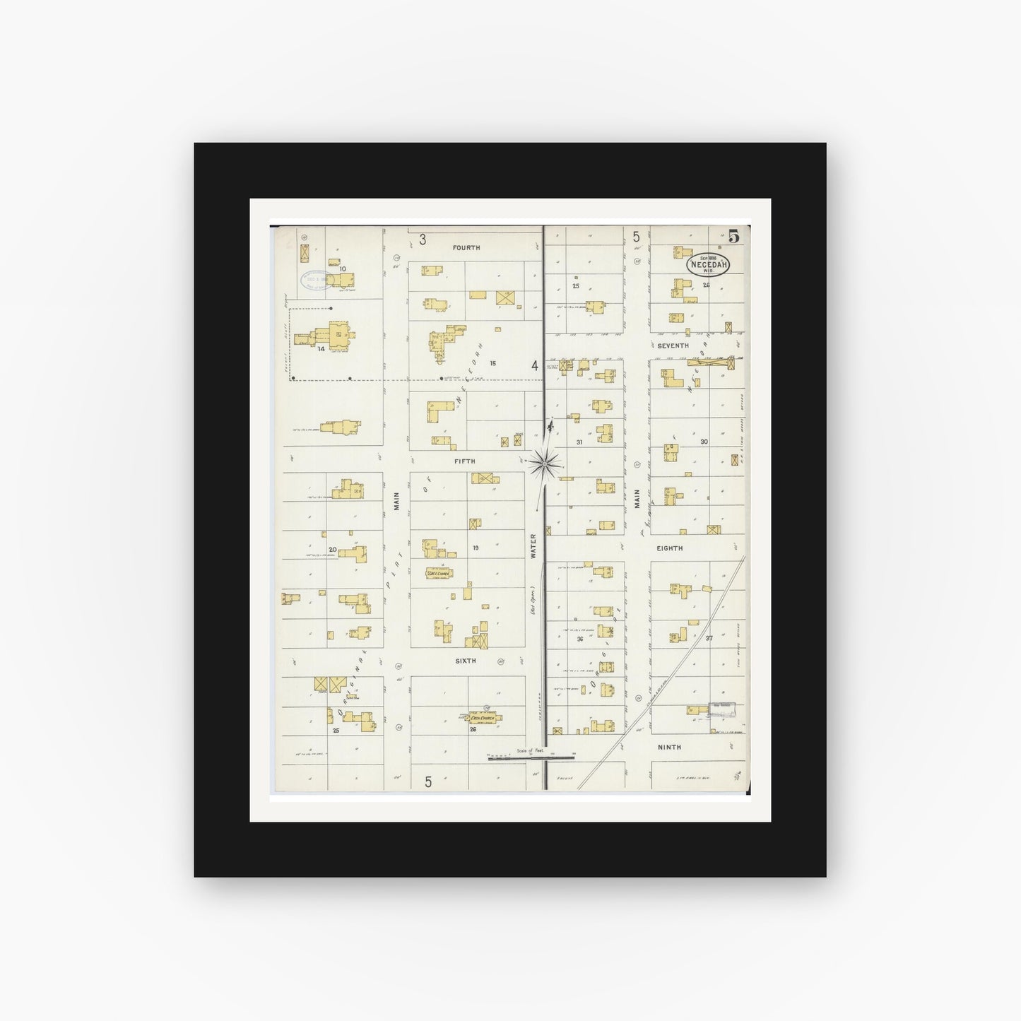 Old map wall art mockup — black gallery frame with white mat — Sanborn Fire Insurance Map from Necedah, Juneau County, Wisconsin (1898), Sheet #0005