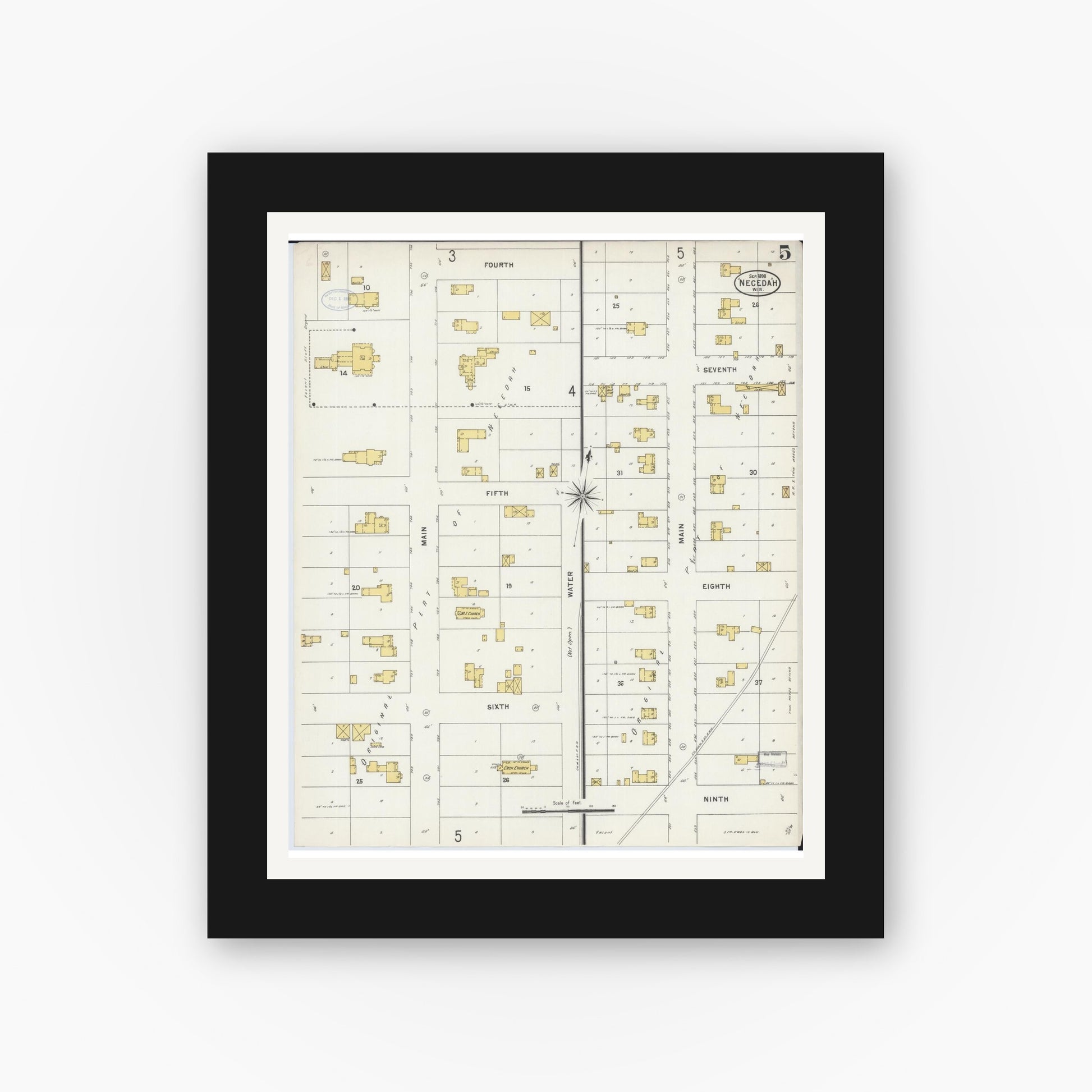 Old map wall art mockup — black gallery frame with white mat — Sanborn Fire Insurance Map from Necedah, Juneau County, Wisconsin (1898), Sheet #0005