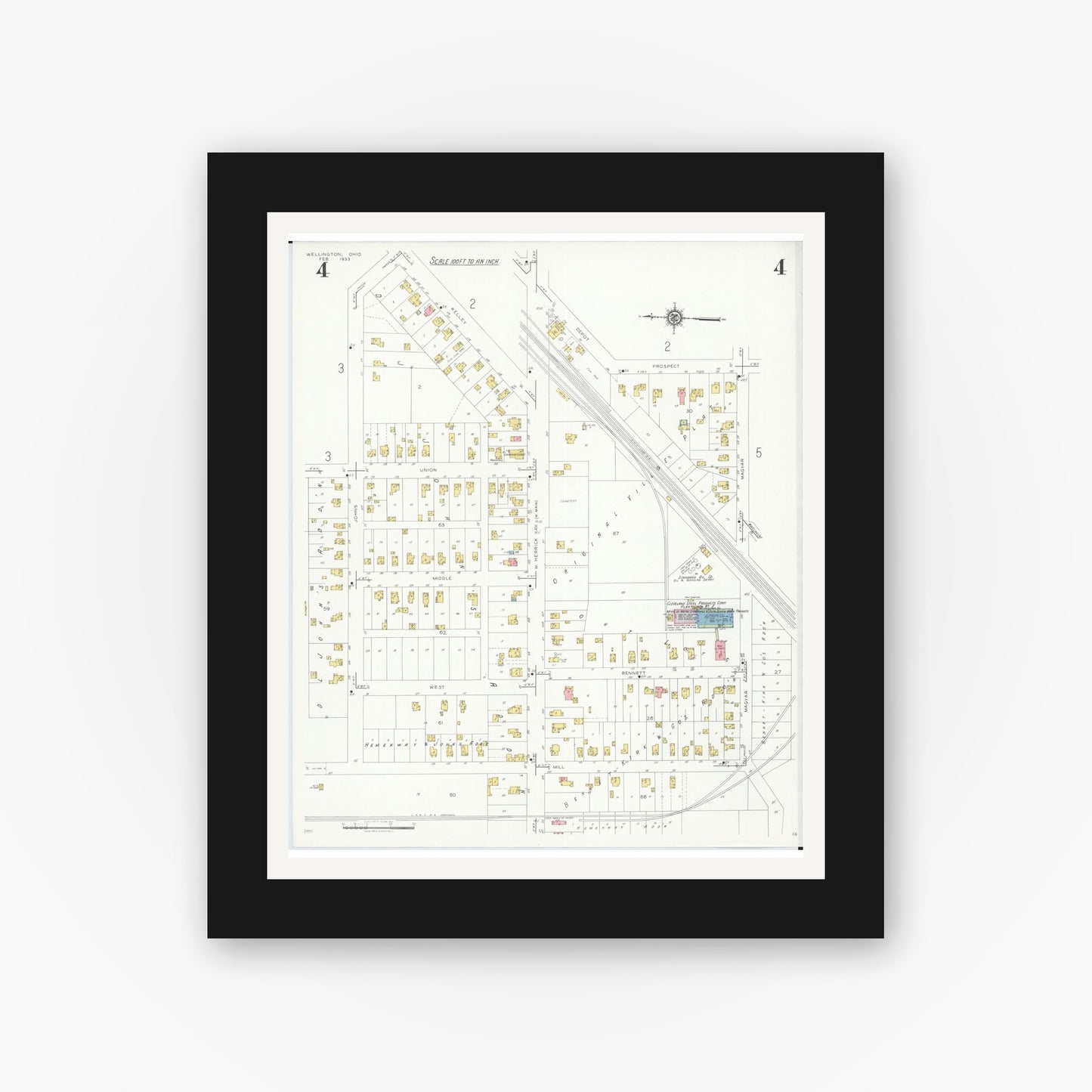 Old map wall art mockup — black gallery frame with white mat — Sanborn Fire Insurance Map from Wellington, Lorain County, Ohio (1933), Sheet #0004