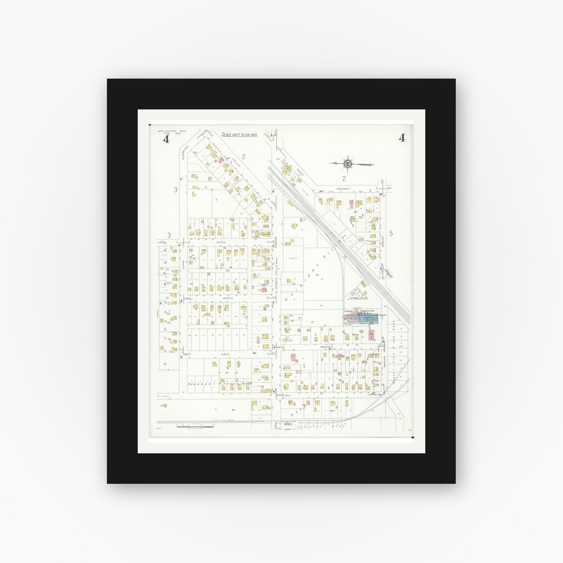 Old map wall art mockup — black gallery frame with white mat — Sanborn Fire Insurance Map from Wellington, Lorain County, Ohio (1933), Sheet #0004