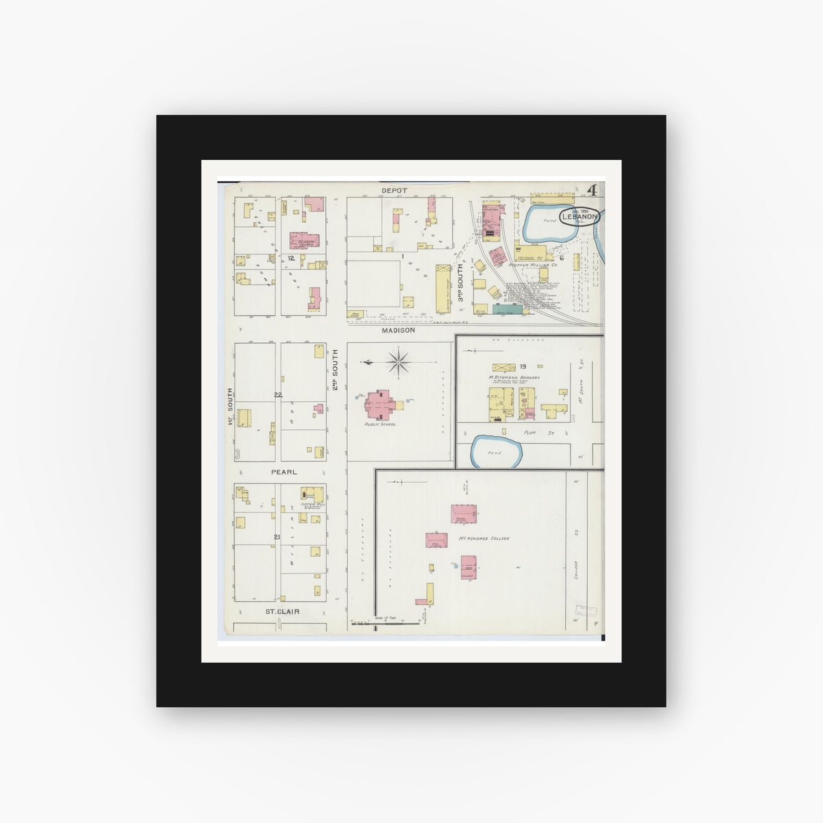 Old map wall art mockup — black gallery frame with white mat — Sanborn Fire Insurance Map from Lebanon, Saint Clair County, Illinois (1894), Sheet #0004