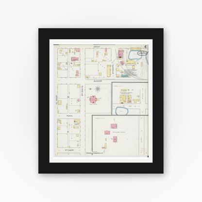 Old map wall art mockup — black gallery frame with white mat — Sanborn Fire Insurance Map from Lebanon, Saint Clair County, Illinois (1894), Sheet #0004
