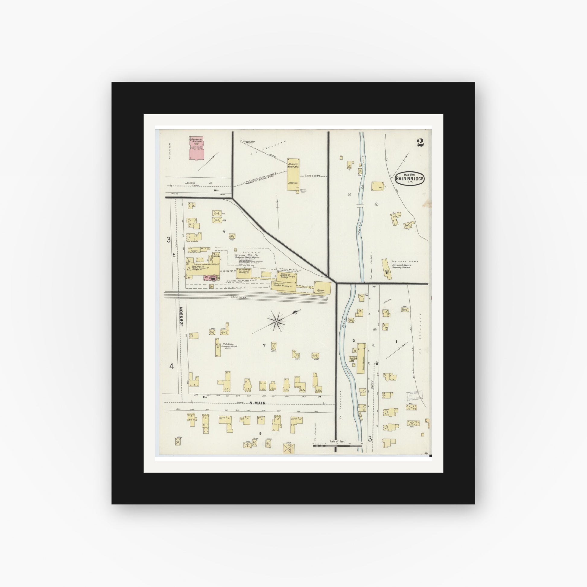 Old map wall art mockup — black gallery frame with white mat — Sanborn Fire Insurance Map from Bainbridge, Chenango County, New York (1897), Sheet #0002