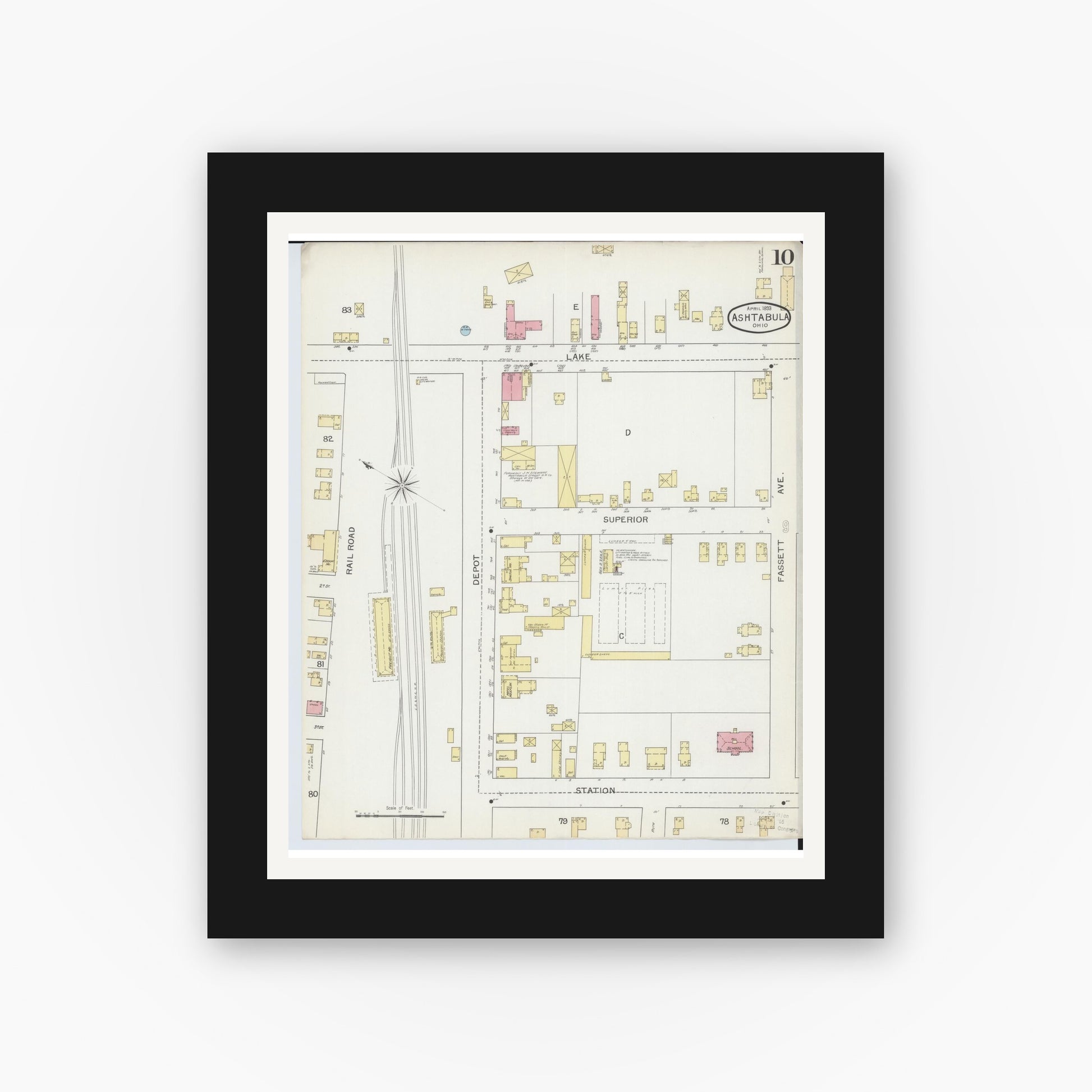Old map wall art mockup — black gallery frame with white mat — Sanborn Fire Insurance Map from Ashtabula, Ashtabula County, Ohio (1893), Sheet #0010