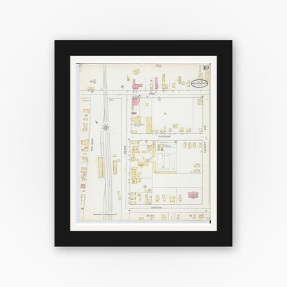 Old map wall art mockup — black gallery frame with white mat — Sanborn Fire Insurance Map from Ashtabula, Ashtabula County, Ohio (1893), Sheet #0010