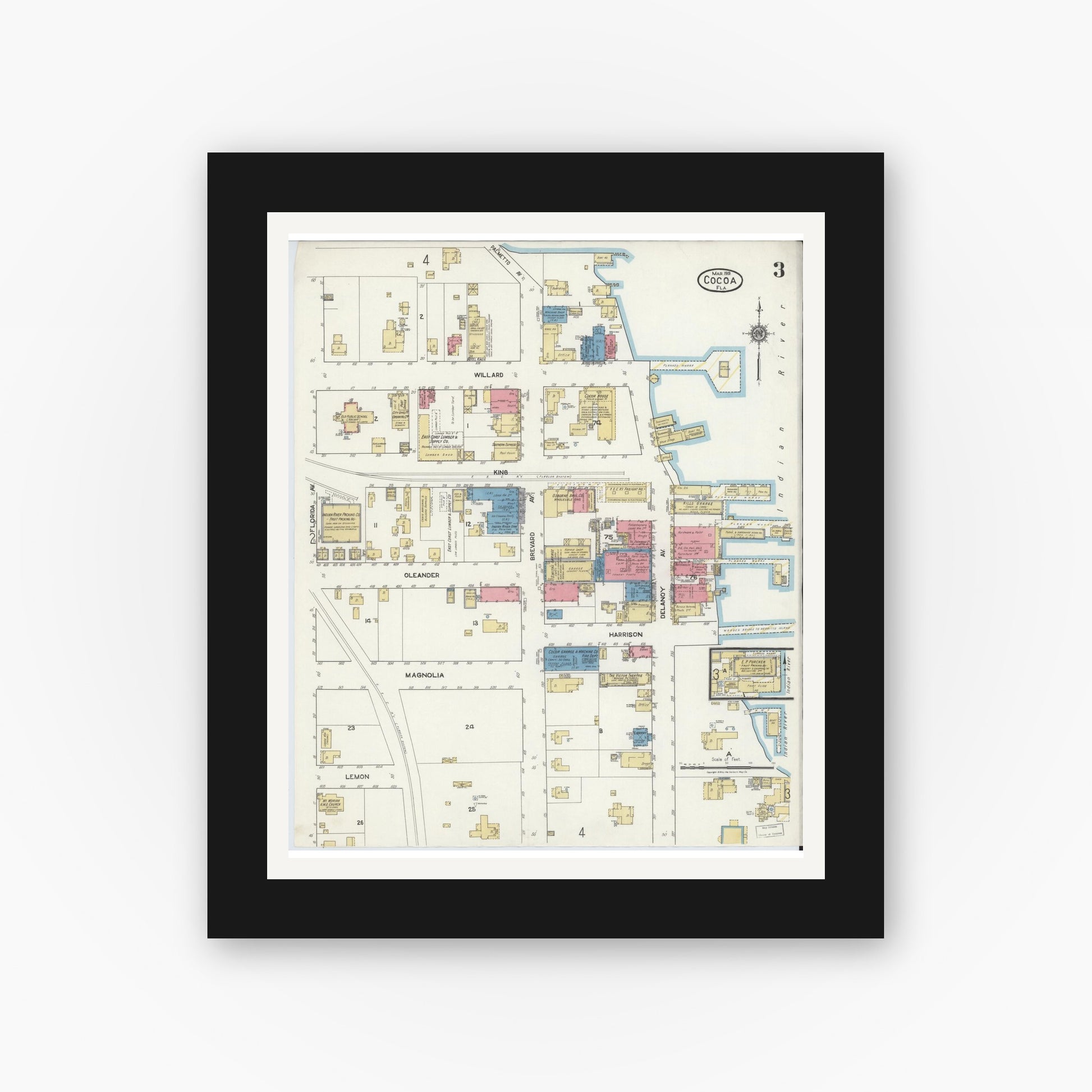 Old map wall art mockup — black gallery frame with white mat — Sanborn Fire Insurance Map from Cocoa, Brevard County, Florida (1919), Sheet #0003