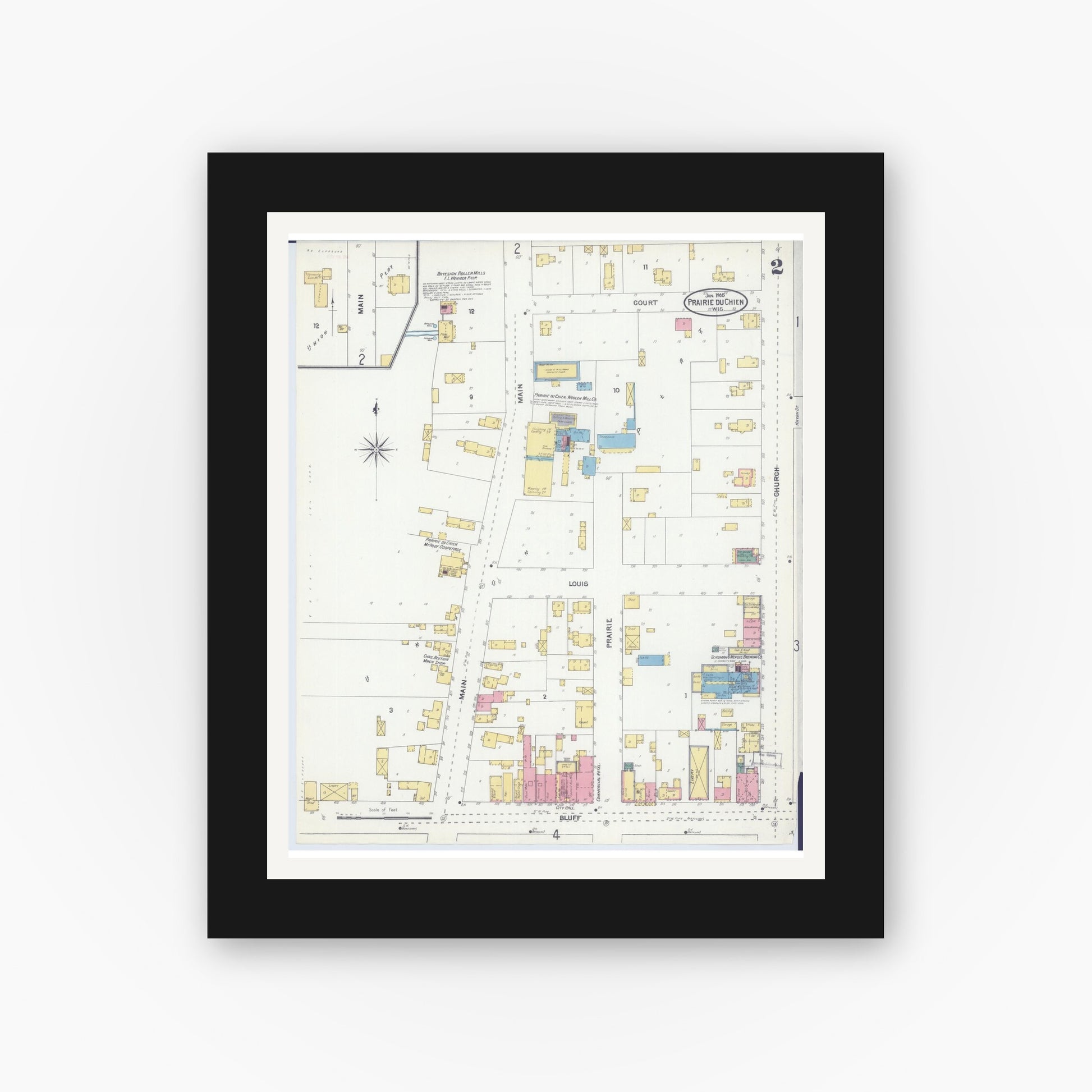Old map wall art mockup — black gallery frame with white mat — Sanborn Fire Insurance Map from Prairie du Chien, Crawford County, Wisconsin (1905), Sheet #0002