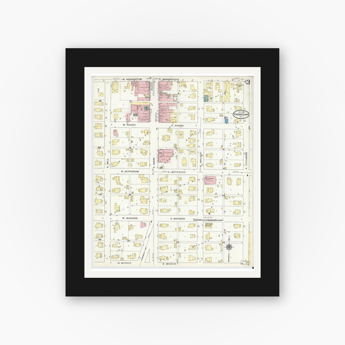 Old map wall art mockup — black gallery frame with white mat — Sanborn Fire Insurance Map from Fairmount, Grant County, Indiana (1909), Sheet #0003